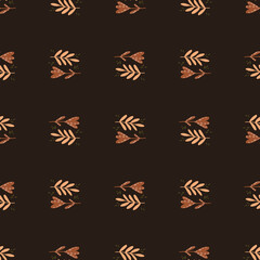 Autumn tones seamless pattern with simple botanic silhouettes. Dark background.