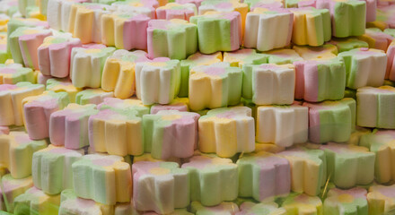 Marshmallows. Background or texture of colorful figured marshmallows.