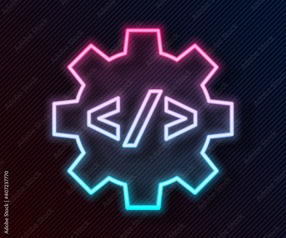 Wall mural glowing neon line web design and front end development icon isolated on black background. vector.