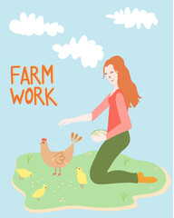Obraz na płótnie Canvas Flat style illustration of young girl feeding chickens and chicks. Woman working on chicken farm. Female farmer throwing birdseed. Trendy vector concept with lettering for cover, card, stationery.