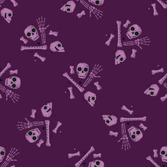 Naklejka premium Doodle seamless pattern with simple cartoon skull and bones silhouettes. Purple background. Scary print.