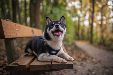 Small black shiba inu in the forest. Dog at the walk. Japanes dog sitting on a path with flying leaves