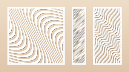 Laser cut patterns. Vector design with abstract geometric ornament, waves, curved lines, stripes. Template for cnc cutting, decorative panels of wood, metal, plastic, paper. Aspect ratio 1:1, 1:4, 1:2