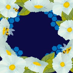 frame or wreath of chamomile flowers with bees around on a honeycomb background. wreath drawn in cartoon style vector illustration isolated on white background