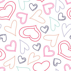 Valentine's day seamless vector pattern with cute hand drawn romantic hearts. Line objects. Colorful palette. For design print, wrapping paper, invitation, greeting card, gift, fabric, wallpaper, web.