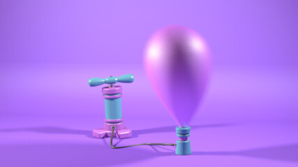 3D Inflated motion balloon and pump. In the range of violet blue and pink. balloon inflation shooting. 