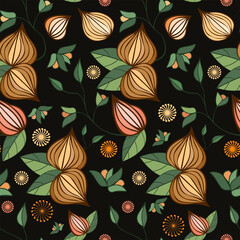 Seamless pattern nuts, flowers, leaves on black background