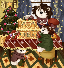 Naklejka premium Christmas illustration of a cute family of bears decorating a Christmas tree and preparing a tasty spicy house.