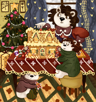 Christmas illustration of a cute family of bears decorating a Christmas tree and preparing a tasty spicy house.