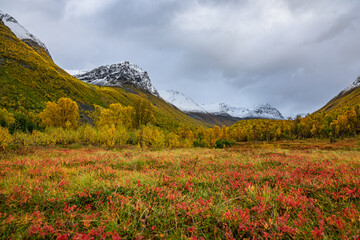 Valley of Kåfjorddalen with snow mountains