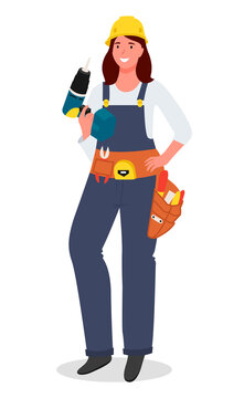 Cartoon mechanic or locksmith woman using a cordless screwdriver repairs a part in a workshop. Flat female character wearing in uniform with tools in hand. Composition with a professional