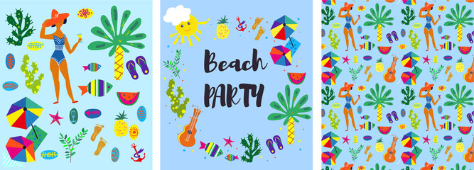Beach party collection of backgrounds and banners, vector graphic illustration - 407240768