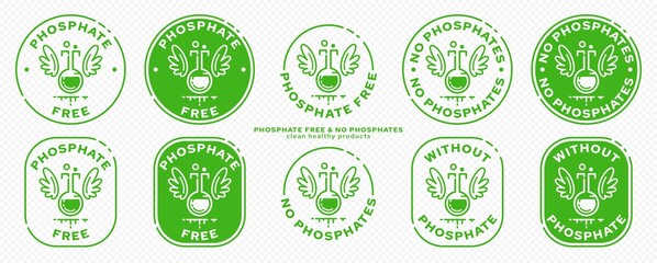 Conceptual marks for product packaging. Labeling - phosphate free. A brand with an icon of a chemical flask with wings and a line of an ingredient is a symbol of liberated, free. Vector