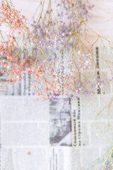 Dry flowers on the background of the newspaper, selective focus, spring mood