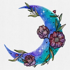 Hand Drawing Watercolor Blue Moon with Flowers