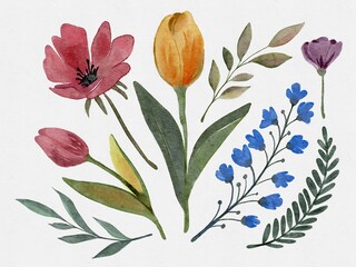 Hand Drawing Watercolor Colorful Set of Spring Flowers and Leaves