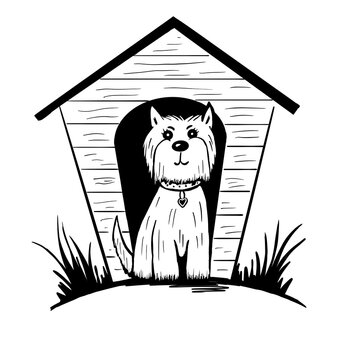 Dog House With A Dog Bw Illustration