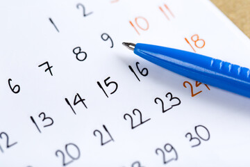 white calendar page for 2021 month schedule to make an appointment or manage the schedule every day with ballpoint pen for marks