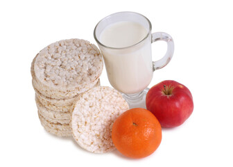 Glass and bottle of milk and mandarin. Isolated object on white background