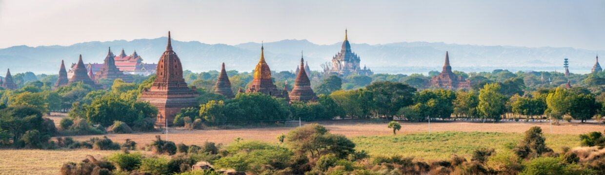 Panoramic view of historic temples in Old Bagan, Mandalay Region, Myanmar