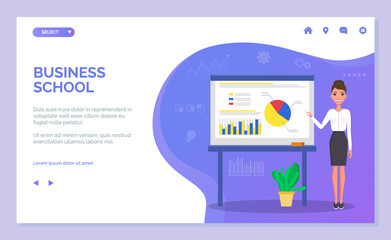 Landing page of a business school. Young beautiful businesswoman points to a color charts. Woman in white blouse, skirt and high heels. Demonstration bar graphs and pie graphs, business infographics