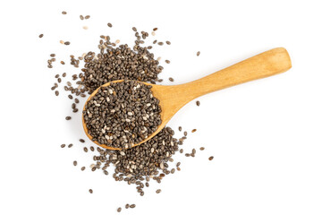 chia seeds in wooden spoon Isolated on white background