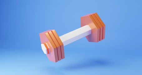 Dumbbell, fitness equipment. Metalic Orange dumbbell isolated on blue background. 3d rendered illustration in 4k resolution.