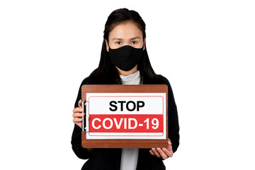 Asian woman holding clipboard with the word 