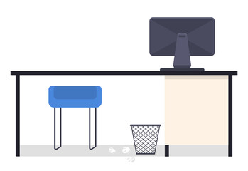 Interior of office empty workplace isolated at white. Chair, office table with computer monitor, bin and two crumpled paper. Design of workspace. Cartoon vector illustration, simple icons, nobody