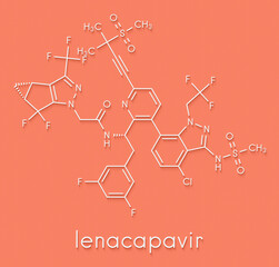 Lenacapavir antiviral drug molecule. Skeletal formula.