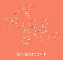 Lenacapavir antiviral drug molecule. Skeletal formula.