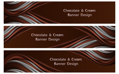 Banner design. Chocolate and cream wave on dark brown background. Smooth silk wavy curtain. Set of modern banners for web or business. Vector illustration