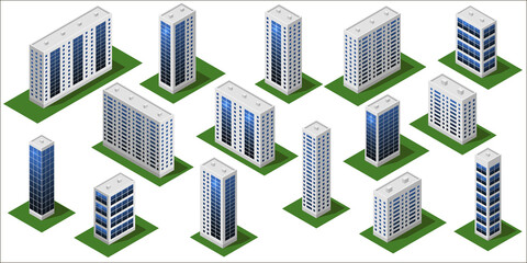 3d Modern city buildings. Isometric city modules isolated with big houses, office buildings, skyscrapers. Set for urban landscape constructor and metropolis scenen. Vector illustration