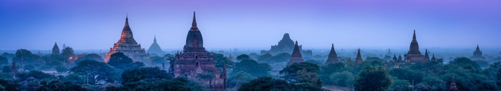 Panoramic view of temples at night, Old Bagan, Myanmar