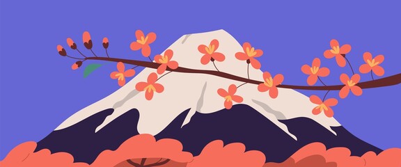 Malerischer Blick auf den heiligen Fuji-Berg und den Sakura-Zweig mit rosa blühenden Blumen während der Hanami-Feiertage. Japanischer Berg Fujiyama und blühende Kirschbäume. Bunte flache Vektorillustration