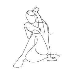 Trendy Line Art Woman Body. Minimalistic Black Lines Drawing. Female Figure Continuous One Line Abstract Drawing. Modern Scandinavian Design. Naked Body Art. Vector Illustration.