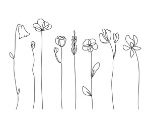 Vector Set of Hand Drawn Line Art Flowers, Plants, Leaves. Minimalist Trendy Contemporary Design Perfect for Wall Art, Prints, Social Media, Posters, Invitations, Branding Design.