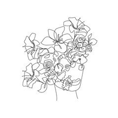 Woman Head with Flowers One Line Art Drawing. Continuous Line Woman Face and Flowers. Abstract Contemporary Design Template for Covers, t-Shirt Print, Postcard, Banner etc. Vector EPS 10.