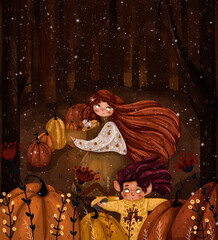 Autumn, pumpkin illustration, where the character of a girl with pumpkins walks on a tree.
