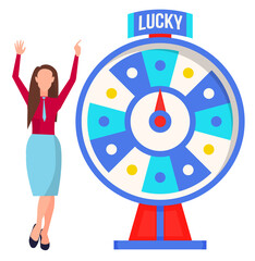 Game fortune wheel. Girl playing risk game with fortune wheel and lottery. Casino and gambling vector. Illustration of casino fortune, wheel winner game. Woman won, joyfully raised her hands up