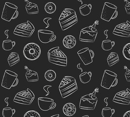 Vector illustration of sweets coffee desserts seamless pattern. Chalk on a blackboard
