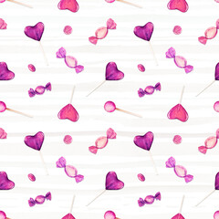 Watercolor seamless pattern with candies and lollipops on light striped background.