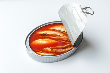 Lata abierta de sardinas en salsa de tomate