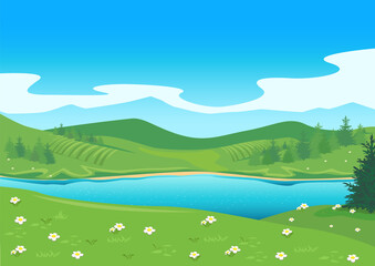 Obraz na płótnie Canvas Summer landscape with mountains and lake. Travel and outdoor recreation. Background vector illustration of nature.