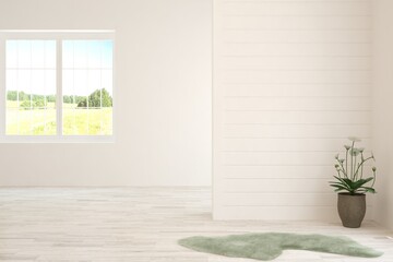 White empty room with summer landscape in window. Scandinavian interior design. 3D illustration