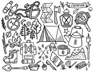 Hand Drawing Travelling Doodle Ealements. Summer Adventure. Camping Tools. Coloring Book Isolated