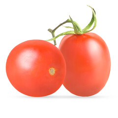 Isolated tomatoes. Two whole ripe tomato fruit on white background with clipping path for package design. Full depth of field.
