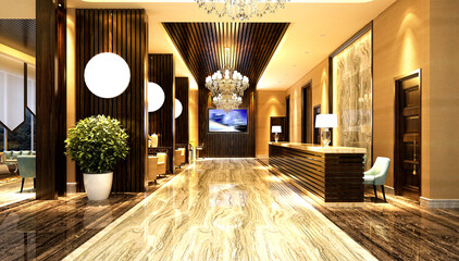 3d render of luxury hotel reception, entrance hall and lobby - obrazy, fototapety, plakaty
