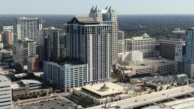 Orlando, Florida, USA - July 15, 2020 : Downtown Orlando; the historic core and central business district of Orlando, Florida. Shot during the COVID Pandemic in July, 2020.