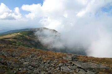 Fototapeta na wymiar View from Diablak - main peak of Babia Gora - Witches' Mountain, highest peak of Beskids and this part of the Carpathian Mountains, Poland
